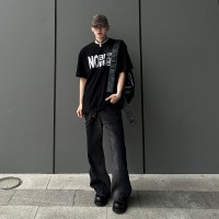 Q夏日款cityboy半松紧腰拼接毛边牛仔裤潮牌男士宽松微喇长