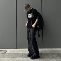 Q夏日款cityboy半松紧腰拼接毛边牛仔裤潮牌男士宽松微喇长