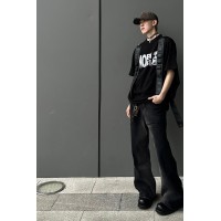 Q夏日款cityboy半松紧腰拼接毛边牛仔裤潮牌男士宽松微喇长