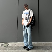 Q夏日款cityboy半松紧腰拼接毛边牛仔裤潮牌男士宽松微喇长