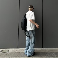 Q夏日款cityboy半松紧腰拼接毛边牛仔裤潮牌男士宽松微喇长