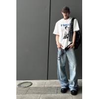 Q夏日款cityboy半松紧腰拼接毛边牛仔裤潮牌男士宽松微喇长