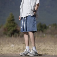 Q潮牌美式高街系绳牛仔短裤男夏季直筒宽松运动中裤阔腿五分