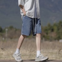 Q潮牌美式高街系绳牛仔短裤男夏季直筒宽松运动中裤阔腿五分