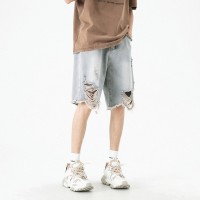 Q美式复古夏季薄款破洞牛仔短裤男宽松直筒高街休闲五分中裤