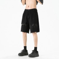 Q夏季薄款破洞黑色烫砖牛仔短裤男美式休闲宽松中裤百搭五分