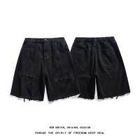 Q夏季薄款破洞黑色烫砖牛仔短裤男美式休闲宽松中裤潮牌五分