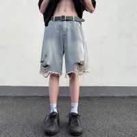 Q美式复古破洞牛仔短裤男款宽松高街vibe休闲五分中裤子