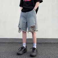Q美式复古破洞牛仔短裤男款宽松高街vibe休闲五分中裤子