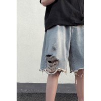 Q美式复古破洞牛仔短裤男款宽松高街vibe休闲五分中裤子