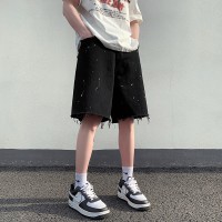 Q夏季泼墨黑色牛仔短裤男美式复古宽松中裤潮牌五分裤子