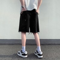 Q夏季泼墨黑色牛仔短裤男美式复古宽松中裤潮牌五分裤子