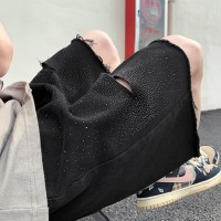 Q夏季破洞黑色烫砖牛仔短裤男美式休闲宽松中裤潮五分裤