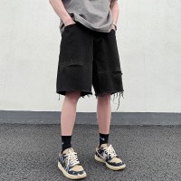 Q夏季破洞黑色烫砖牛仔短裤男美式休闲宽松中裤潮五分裤