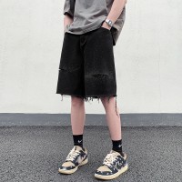 Q夏季破洞黑色烫砖牛仔短裤男美式休闲宽松中裤潮五分裤