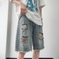 Q破洞毛边牛仔短裤男款夏季潮牌休闲五分裤水洗阔腿中裤