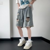 Q破洞毛边牛仔短裤男款夏季潮牌休闲五分裤水洗阔腿中裤