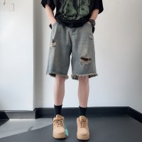Q破洞牛仔短裤男款薄款宽松毛边休闲裤子美式高街五分裤
