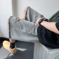Q破洞牛仔短裤男款薄款宽松毛边休闲裤子美式高街五分裤