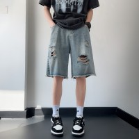 Q破洞泼墨牛仔短裤男薄款宽松毛边休闲美式高街五分裤子