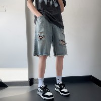 Q破洞泼墨牛仔短裤男薄款宽松毛边休闲美式高街五分裤子