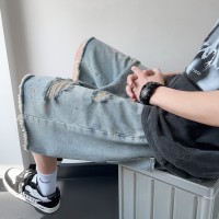 Q破洞泼墨牛仔短裤男薄款宽松毛边休闲美式高街五分裤子