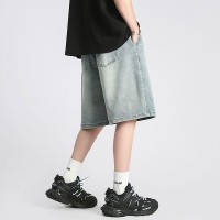 Q牛仔短裤男士夏季潮牌宽松直筒中裤美式休闲复古五分裤