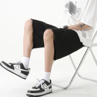 Q黑色牛仔短裤男士薄款高街宽松直筒破洞休闲五分中裤子
