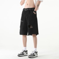 Q黑色牛仔短裤男士薄款高街宽松直筒破洞休闲五分中裤子