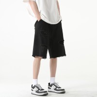 Q黑色牛仔短裤男士薄款高街宽松直筒破洞休闲五分中裤子
