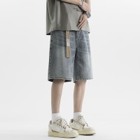 Q夏季牛仔五分中裤半松紧纽扣款舒适宽松休闲不附带腰带