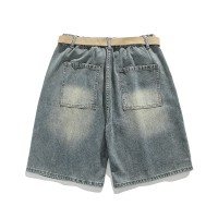Q夏季牛仔五分中裤半松紧纽扣款舒适宽松休闲不附带腰带
