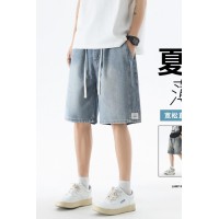 Q夏季薄款牛仔中裤男潮流抽绳款港风潮牌休闲百搭五分裤