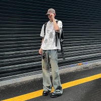 Q日常通勤穿搭vintage水洗做旧潮牌喇叭裤牛仔裤男士港风长裤