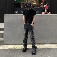 Q2024新款cleanfit潮牌拼接拉链牛仔裤男士宽松微喇长裤