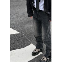 Q2024新款cleanfit潮牌拼接拉链牛仔裤男士宽松微喇长裤
