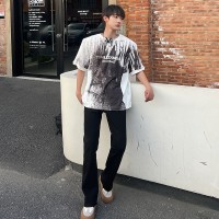 Q拼接弹力牛仔裤cleanfit夏日潮牌纯黑微喇男士港风长裤