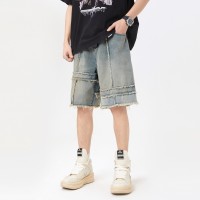 Q美式复古牛仔短裤男夏季潮牌休闲毛边设计感五分中裤子