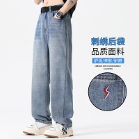 Q春夏新款牛仔裤男宽松蓝色阔腿裤刺绣日系水洗休闲长裤子男