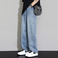 Q春夏牛仔裤男宽松蓝色阔腿裤刺绣小众日系水洗休闲长裤子男