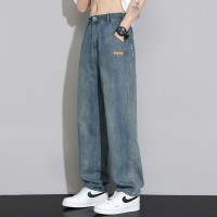 Q春夏牛仔裤男宽松卡其阔腿裤绣标小众日系水洗休闲长裤子男