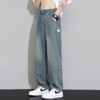 Q春夏牛仔裤男宽松复古阔腿裤绣标小众日系水洗休闲长裤子男