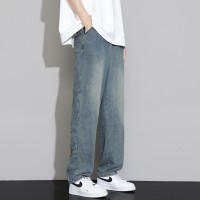 Q春夏牛仔裤男宽松复古阔腿裤绣标小众日系水洗休闲长裤子男