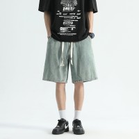 Q美式高街cleanfit水洗做旧宽松阔腿直筒休闲五分牛仔短裤