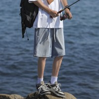 Q夏季薄款牛仔中裤男潮流抽绳款港风潮牌休闲百搭五分裤
