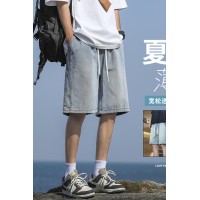 Q夏季薄款牛仔中裤男潮流抽绳款港风潮牌休闲百搭五分裤