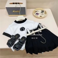 女童夏装时髦套装2024新款儿童洋气短袖花朵上衣半身百褶裙两件套