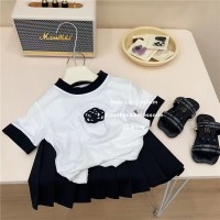 女童夏装时髦套装2024新款儿童洋气短袖花朵上衣半身百褶裙两件套
