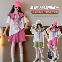 女童夏季套装2024新款儿童韩版夏装polo领宽松卡通童装短袖两件套