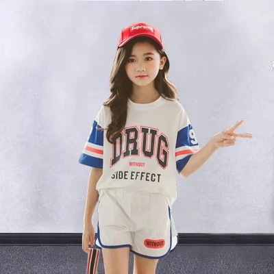 <!--2024新款女童夏装时尚短袖T恤短裤套装韩版中大童时髦洋气两件套-->